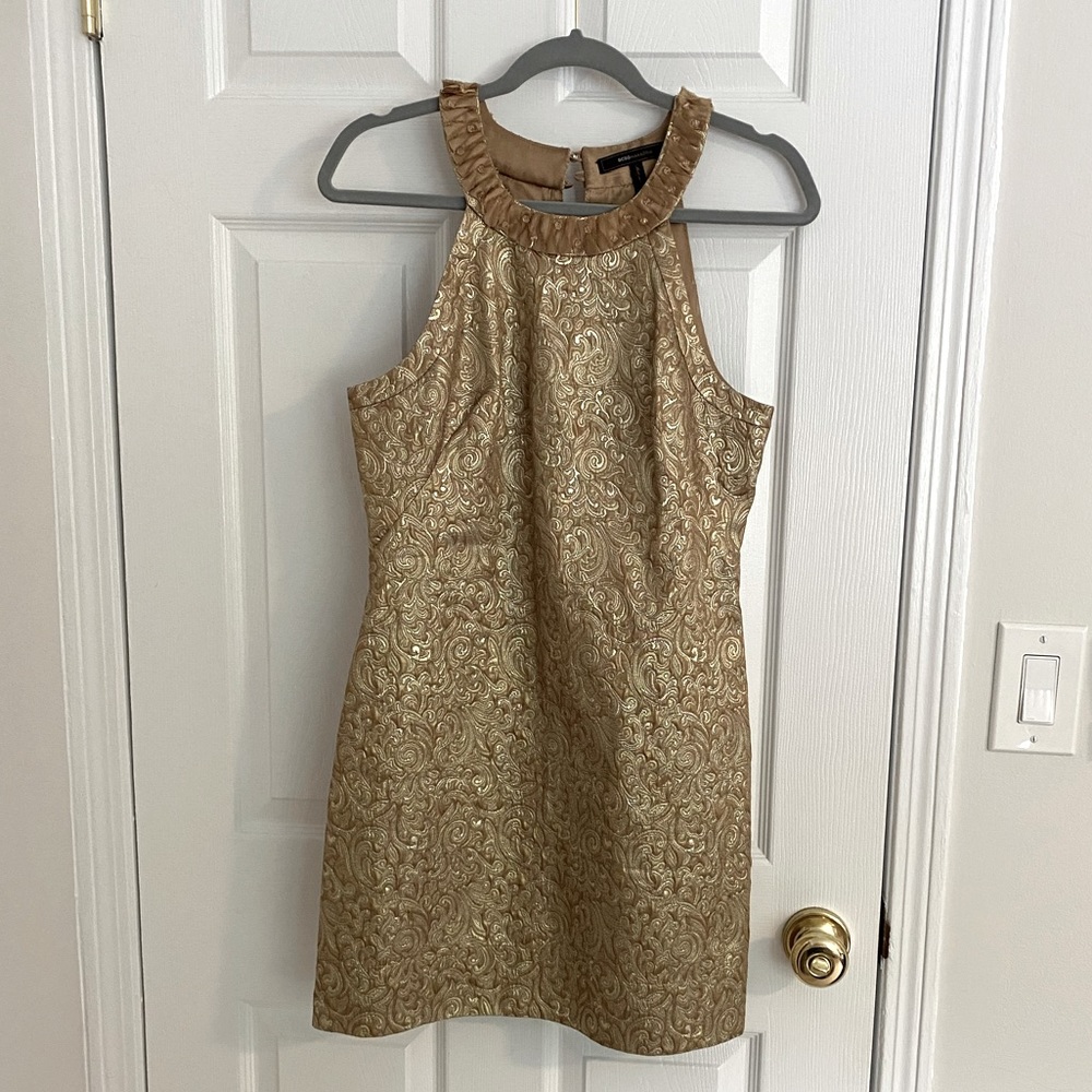 BCBG Metallic Gold Mini Cocktail Dress w Gorgeous Sparkly Beads on Neck - Small